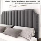 Cadre de lit plateforme California King Size avec tête de lit de 50,2 po de haut, lit tapissé de velours avec tête et pied de lit touffetés à canaux verticaux