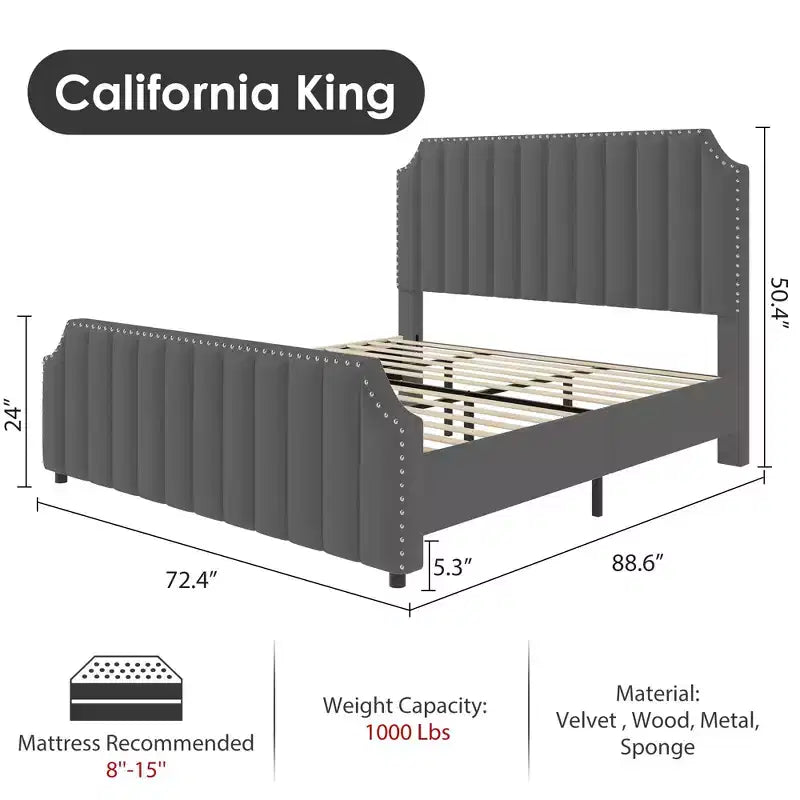 Cadre de lit plateforme California King Size avec tête de lit de 50,2 po de haut, lit tapissé de velours avec tête et pied de lit touffetés à canaux verticaux