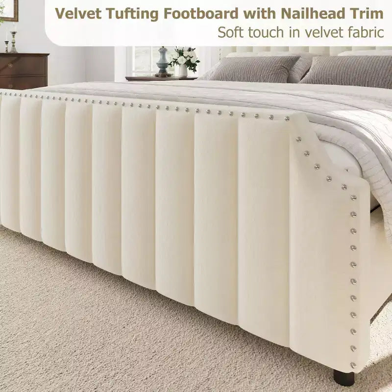 Cadre de lit plateforme California King Size avec tête de lit de 50,2 po de haut, lit tapissé de velours avec tête et pied de lit touffetés à canaux verticaux