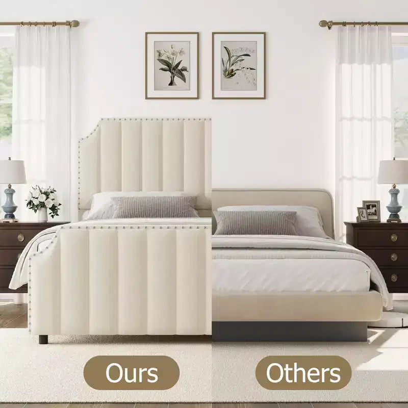 Cadre de lit plateforme California King Size avec tête de lit de 50,2 po de haut, lit tapissé de velours avec tête et pied de lit touffetés à canaux verticaux