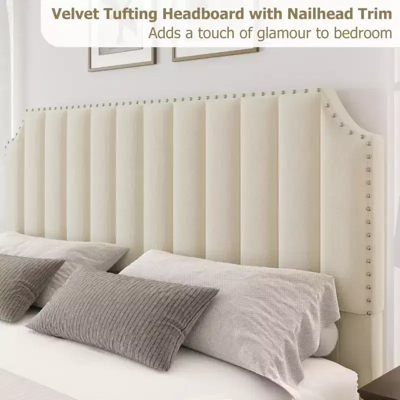 Cadre de lit plateforme California King Size avec tête de lit de 50,2 po de haut, lit tapissé de velours avec tête et pied de lit touffetés à canaux verticaux