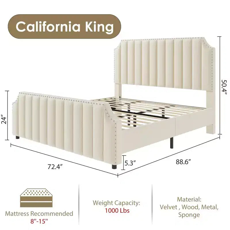 Cadre de lit plateforme California King Size avec tête de lit de 50,2 po de haut, lit tapissé de velours avec tête et pied de lit touffetés à canaux verticaux