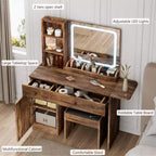 Coiffeuse avec miroir lumineux, tabouret de rangement et plateau extensible - Coiffeuse de maquillage avec armoire et étagères