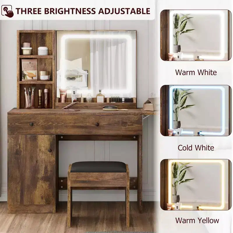 Coiffeuse avec miroir lumineux, tabouret de rangement et plateau extensible - Coiffeuse de maquillage avec armoire et étagères