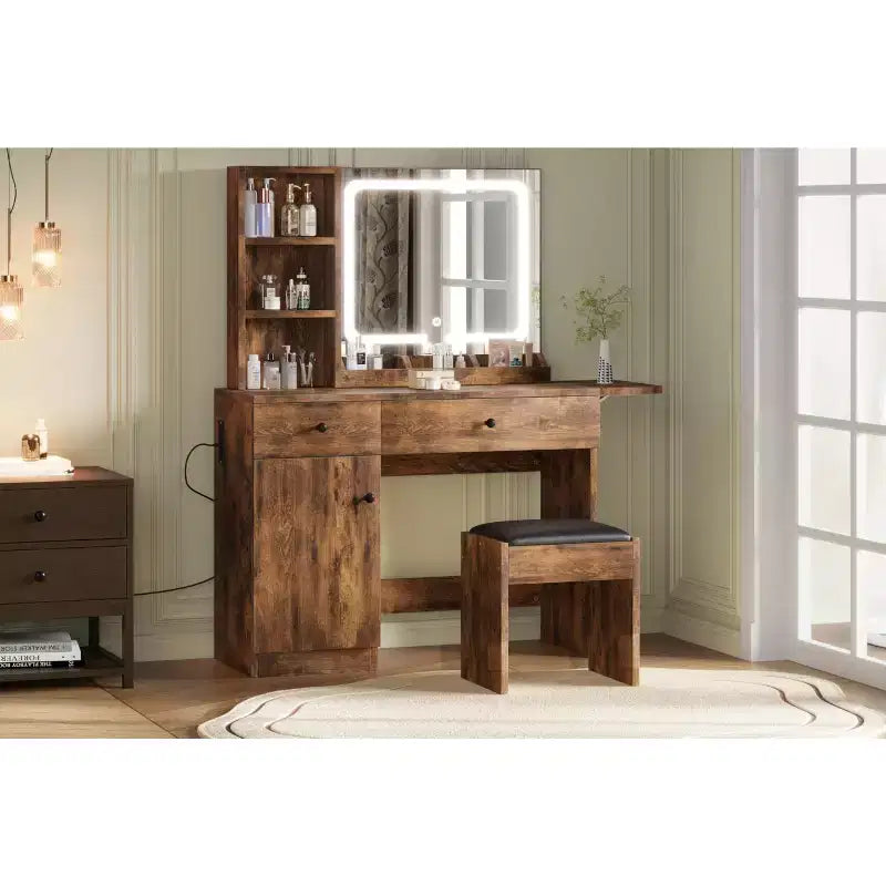 Coiffeuse avec miroir lumineux, tabouret de rangement et plateau extensible - Coiffeuse de maquillage avec armoire et étagères