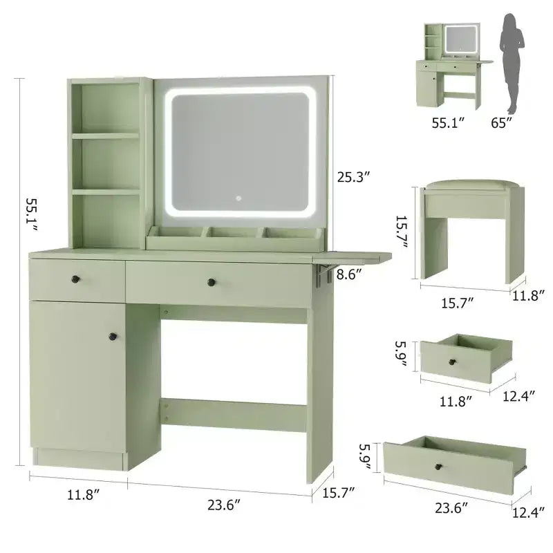 Coiffeuse avec miroir lumineux, tabouret de rangement et plateau extensible - Coiffeuse de maquillage avec armoire et étagères