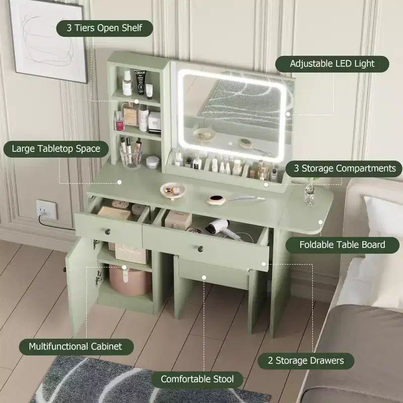 Coiffeuse avec miroir lumineux, tabouret de rangement et plateau extensible - Coiffeuse de maquillage avec armoire et étagères