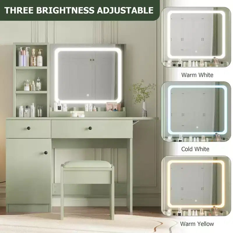 Coiffeuse avec miroir lumineux, tabouret de rangement et plateau extensible - Coiffeuse de maquillage avec armoire et étagères