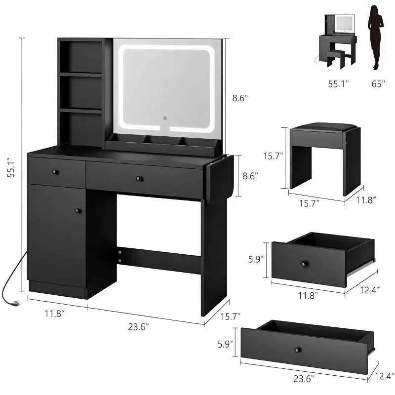 Coiffeuse avec miroir lumineux, tabouret de rangement et plateau extensible - Coiffeuse de maquillage avec armoire et étagères