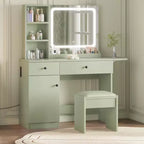 Coiffeuse avec miroir lumineux, tabouret de rangement et plateau extensible - Coiffeuse de maquillage avec armoire et étagères