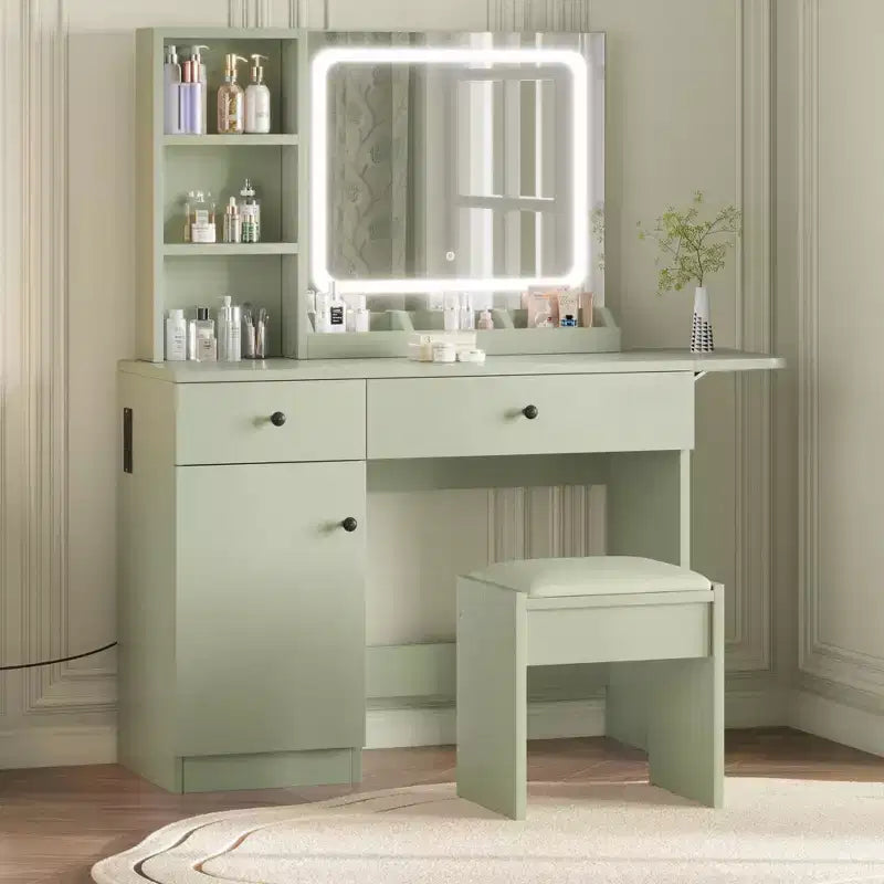 Coiffeuse avec miroir lumineux, tabouret de rangement et plateau extensible - Coiffeuse de maquillage avec armoire et étagères