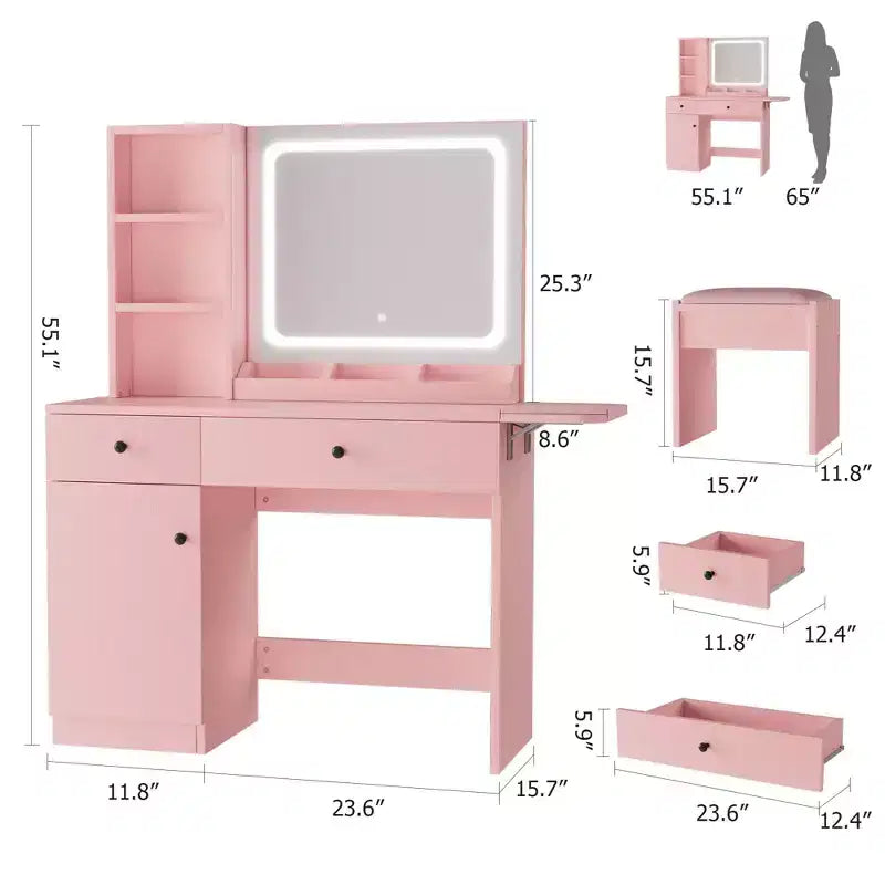 Coiffeuse avec miroir lumineux, tabouret de rangement et plateau extensible - Coiffeuse de maquillage avec armoire et étagères