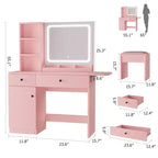 Coiffeuse avec miroir lumineux, tabouret de rangement et plateau extensible - Coiffeuse de maquillage avec armoire et étagères
