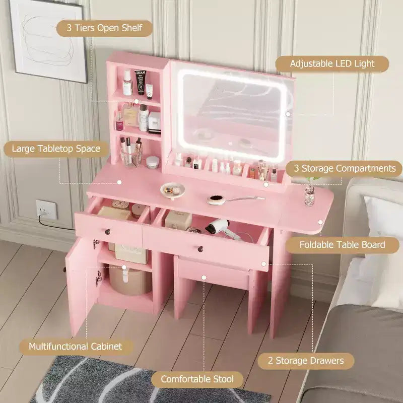 Coiffeuse avec miroir lumineux, tabouret de rangement et plateau extensible - Coiffeuse de maquillage avec armoire et étagères