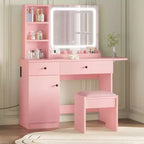 Coiffeuse avec miroir lumineux, tabouret de rangement et plateau extensible - Coiffeuse de maquillage avec armoire et étagères