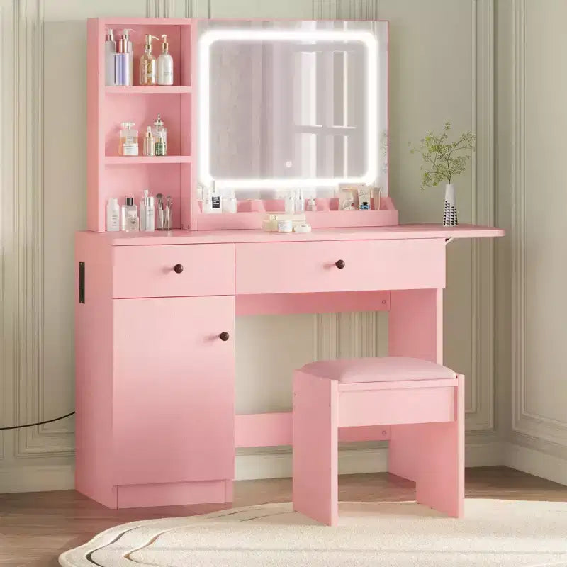 Coiffeuse avec miroir lumineux, tabouret de rangement et plateau extensible - Coiffeuse de maquillage avec armoire et étagères