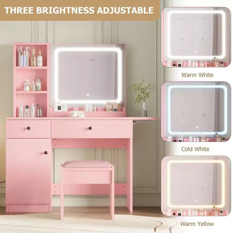 Coiffeuse avec miroir lumineux, tabouret de rangement et plateau extensible - Coiffeuse de maquillage avec armoire et étagères