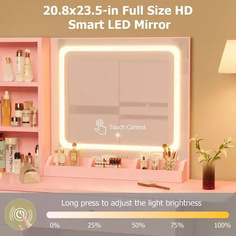 Coiffeuse avec miroir lumineux, tabouret de rangement et plateau extensible - Coiffeuse de maquillage avec armoire et étagères
