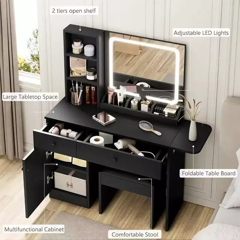 Coiffeuse avec miroir lumineux, tabouret de rangement et plateau extensible - Coiffeuse de maquillage avec armoire et étagères