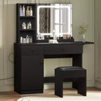Coiffeuse avec miroir lumineux, tabouret de rangement et plateau extensible - Coiffeuse de maquillage avec armoire et étagères