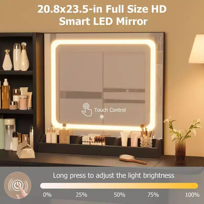 Coiffeuse avec miroir lumineux, tabouret de rangement et plateau extensible - Coiffeuse de maquillage avec armoire et étagères