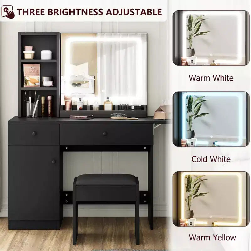 Coiffeuse avec miroir lumineux, tabouret de rangement et plateau extensible - Coiffeuse de maquillage avec armoire et étagères