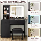 Coiffeuse avec miroir lumineux, tabouret de rangement et plateau extensible - Coiffeuse de maquillage avec armoire et étagères
