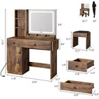 Coiffeuse avec miroir lumineux, tabouret de rangement et plateau extensible - Coiffeuse de maquillage avec armoire et étagères
