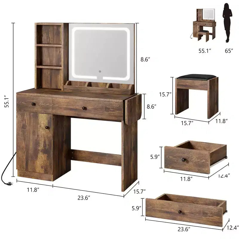 Coiffeuse avec miroir lumineux, tabouret de rangement et plateau extensible - Coiffeuse de maquillage avec armoire et étagères