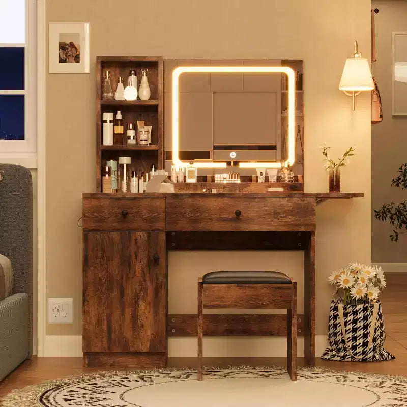 Coiffeuse avec miroir lumineux, tabouret de rangement et plateau extensible - Coiffeuse de maquillage avec armoire et étagères