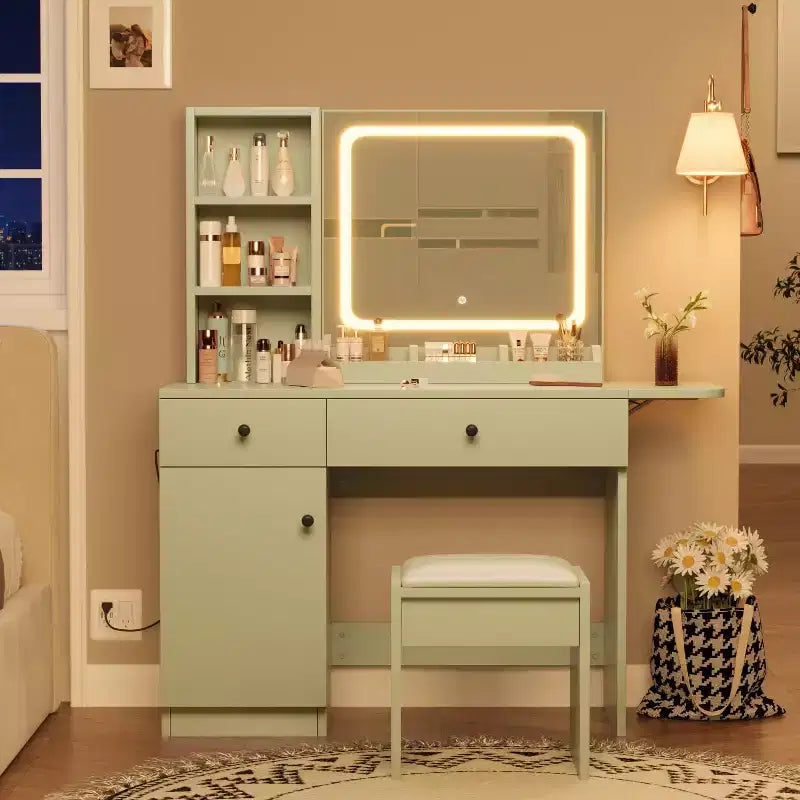Coiffeuse avec miroir lumineux, tabouret de rangement et plateau extensible - Coiffeuse de maquillage avec armoire et étagères