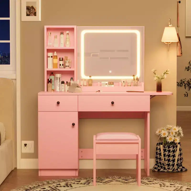 Coiffeuse avec miroir lumineux, tabouret de rangement et plateau extensible - Coiffeuse de maquillage avec armoire et étagères