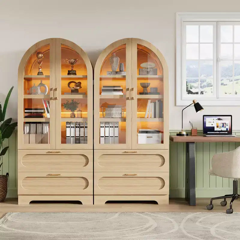 Armoire de rangement haute de 178 cm avec lumières LED, armoire de garde-manger arquée avec étagères réglables et 2 tiroirs pour cuisine et salon