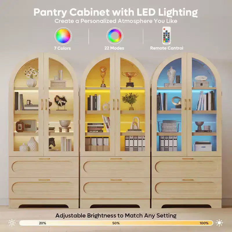 Armoire de rangement haute de 178 cm avec lumières LED, armoire de garde-manger arquée avec étagères réglables et 2 tiroirs pour cuisine et salon