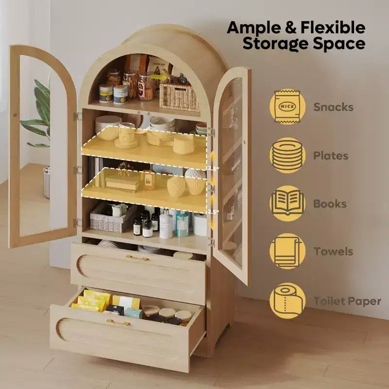 Armoire de rangement haute de 178 cm avec lumières LED, armoire de garde-manger arquée avec étagères réglables et 2 tiroirs pour cuisine et salon