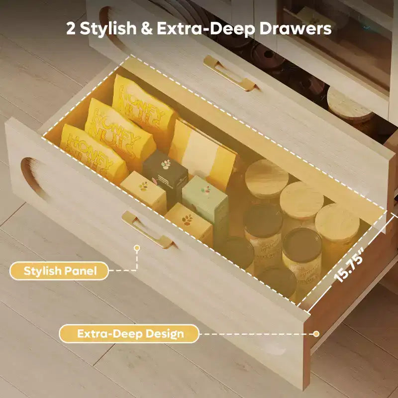 Armoire de rangement haute de 178 cm avec lumières LED, armoire de garde-manger arquée avec étagères réglables et 2 tiroirs pour cuisine et salon