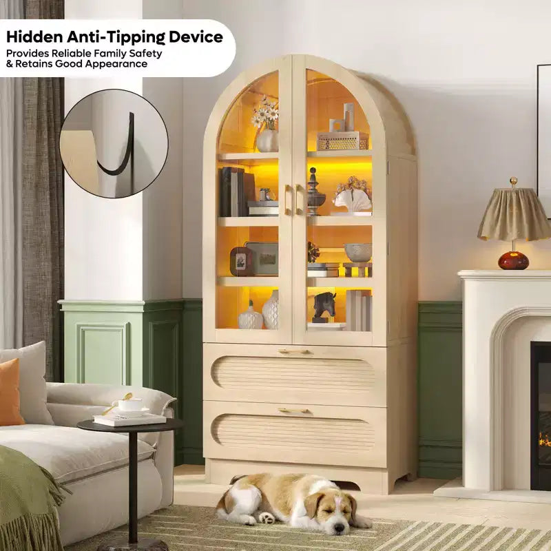 Armoire de rangement haute de 178 cm avec lumières LED, armoire de garde-manger arquée avec étagères réglables et 2 tiroirs pour cuisine et salon