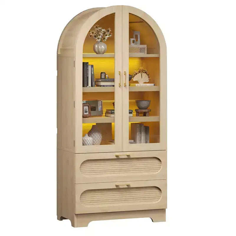 Armoire de rangement haute de 178 cm avec lumières LED, armoire de garde-manger arquée avec étagères réglables et 2 tiroirs pour cuisine et salon
