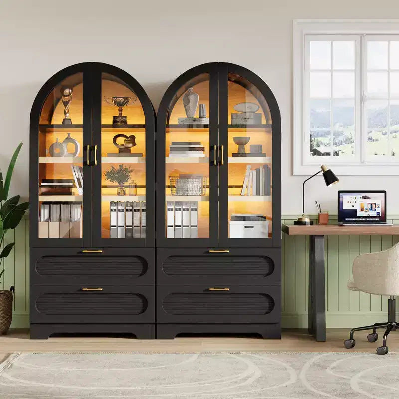 Armoire de rangement haute de 178 cm avec lumières LED, armoire de garde-manger arquée avec étagères réglables et 2 tiroirs pour cuisine et salon