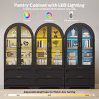 Armoire de rangement haute de 178 cm avec lumières LED, armoire de garde-manger arquée avec étagères réglables et 2 tiroirs pour cuisine et salon