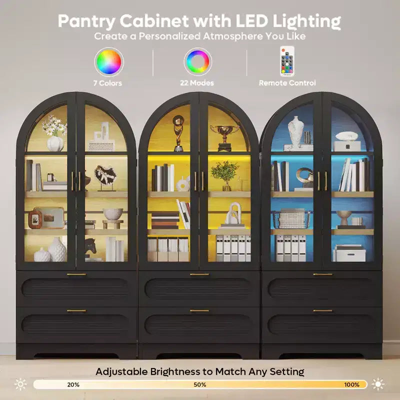 Armoire de rangement haute de 178 cm avec lumières LED, armoire de garde-manger arquée avec étagères réglables et 2 tiroirs pour cuisine et salon