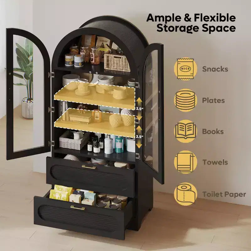 Armoire de rangement haute de 178 cm avec lumières LED, armoire de garde-manger arquée avec étagères réglables et 2 tiroirs pour cuisine et salon