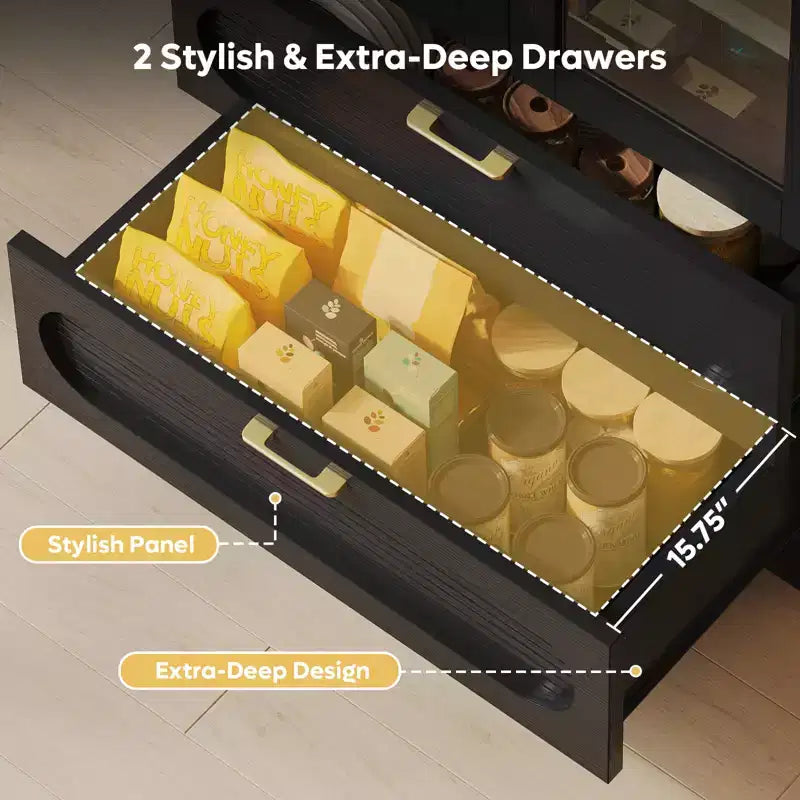 Armoire de rangement haute de 178 cm avec lumières LED, armoire de garde-manger arquée avec étagères réglables et 2 tiroirs pour cuisine et salon