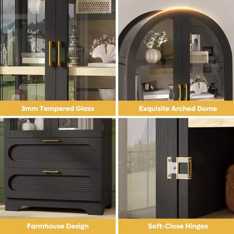Armoire de rangement haute de 178 cm avec lumières LED, armoire de garde-manger arquée avec étagères réglables et 2 tiroirs pour cuisine et salon
