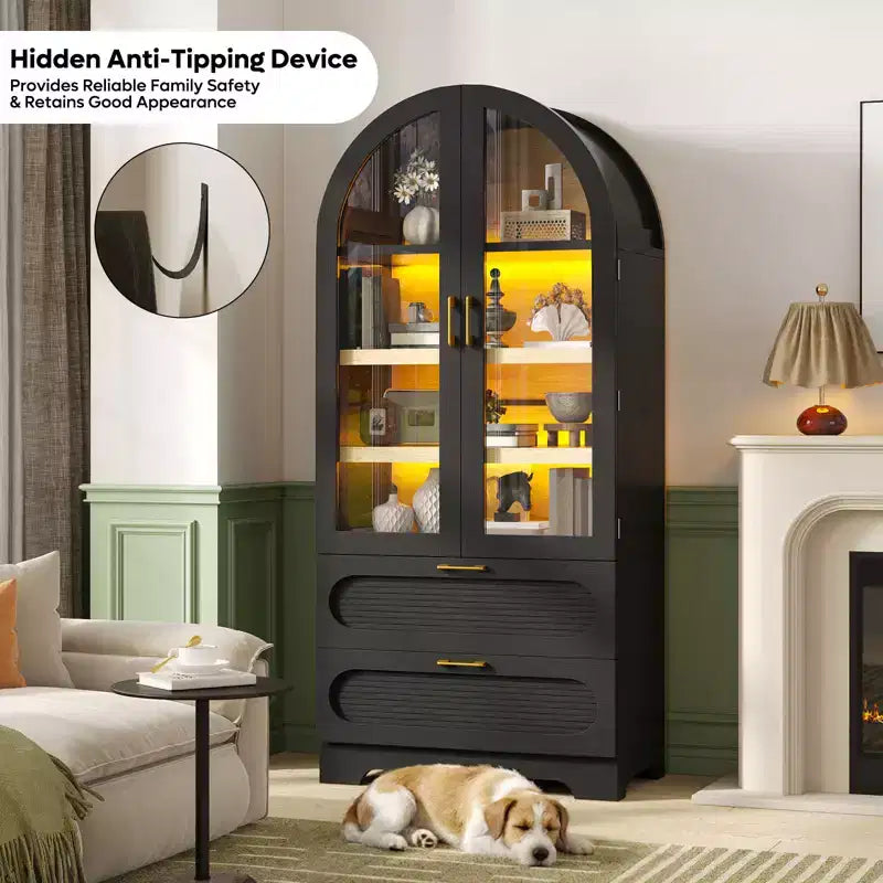 Armoire de rangement haute de 178 cm avec lumières LED, armoire de garde-manger arquée avec étagères réglables et 2 tiroirs pour cuisine et salon