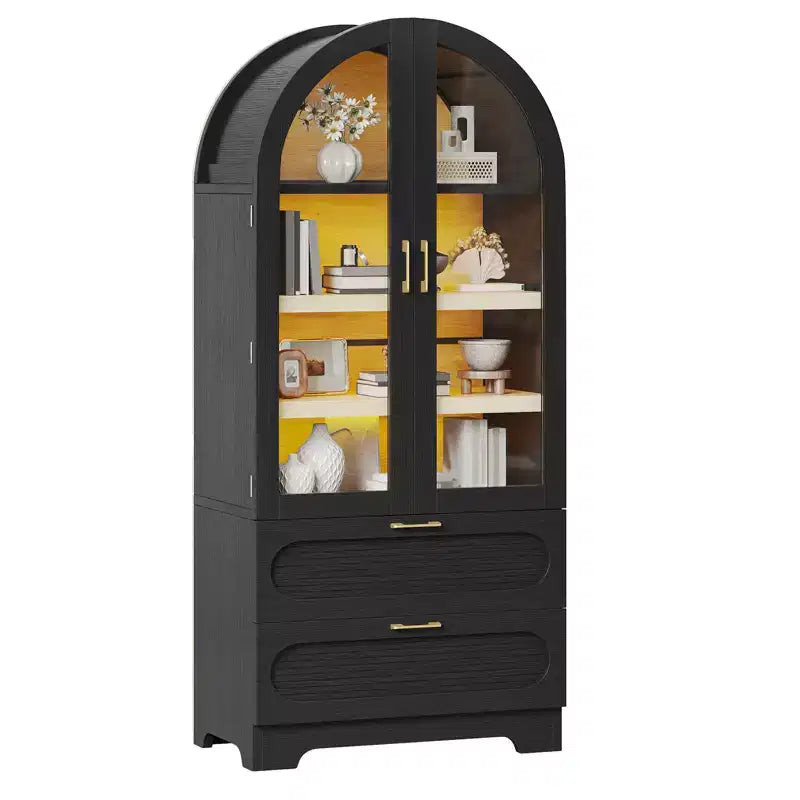 Armoire de rangement haute de 178 cm avec lumières LED, armoire de garde-manger arquée avec étagères réglables et 2 tiroirs pour cuisine et salon