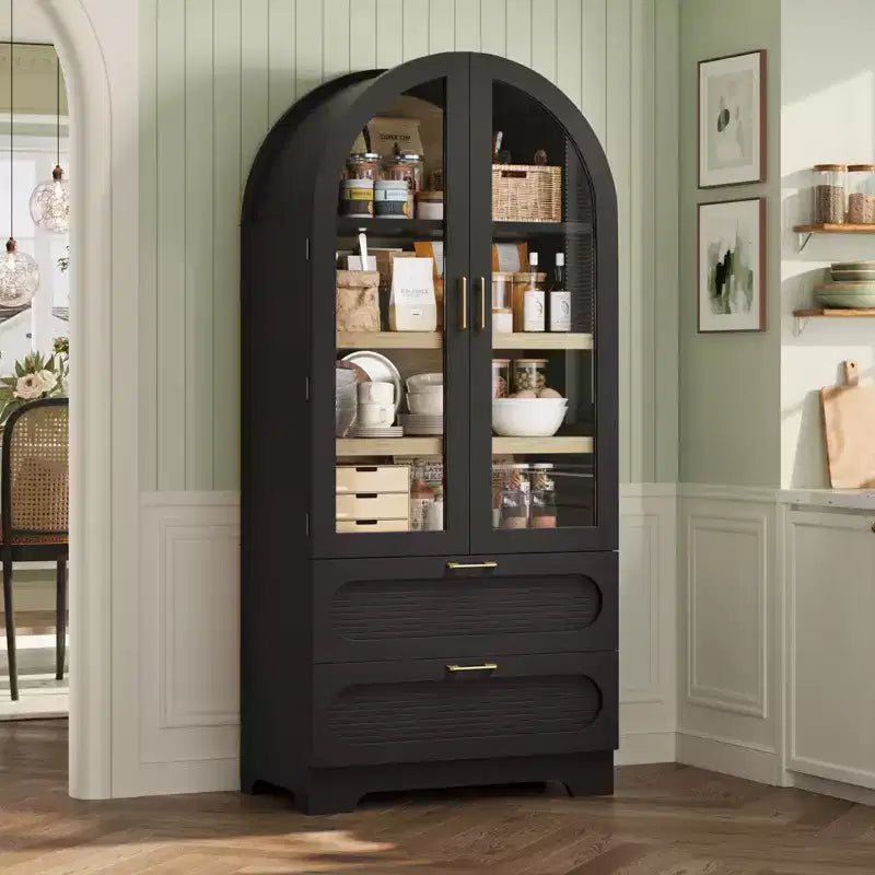 Bestier 70 Tall Storage Cabinet with LED Lights, Food Pantry Arched Storage Cabinet with Adjustable Shelves & 2 Drawers for Kitchen & Living Room