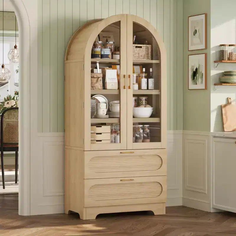 Armoire de rangement haute de 178 cm avec lumières LED, armoire de garde-manger arquée avec étagères réglables et 2 tiroirs pour cuisine et salon