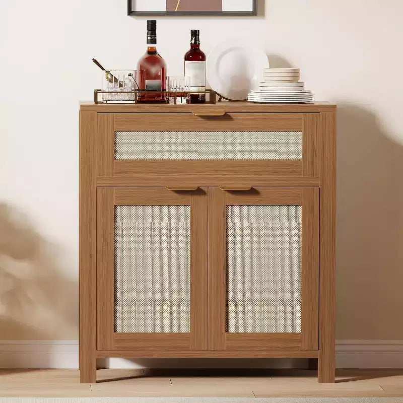 Buffet en rotin, buffet avec tiroirs et étagères réglables, armoire de rangement d'appoint pour salon, entrée, coin café