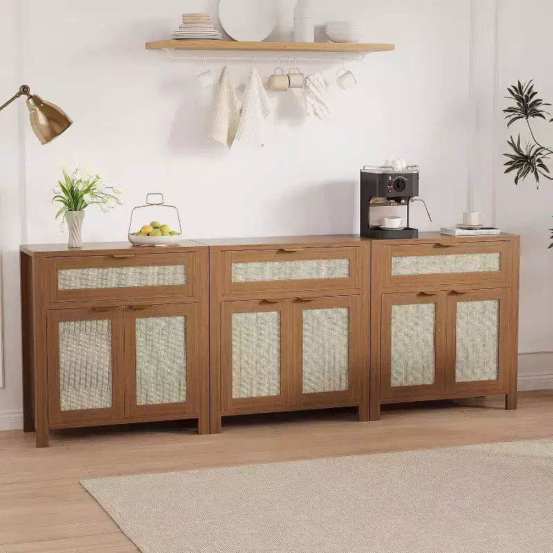 Buffet en rotin, buffet avec tiroirs et étagères réglables, armoire de rangement d'appoint pour salon, entrée, coin café